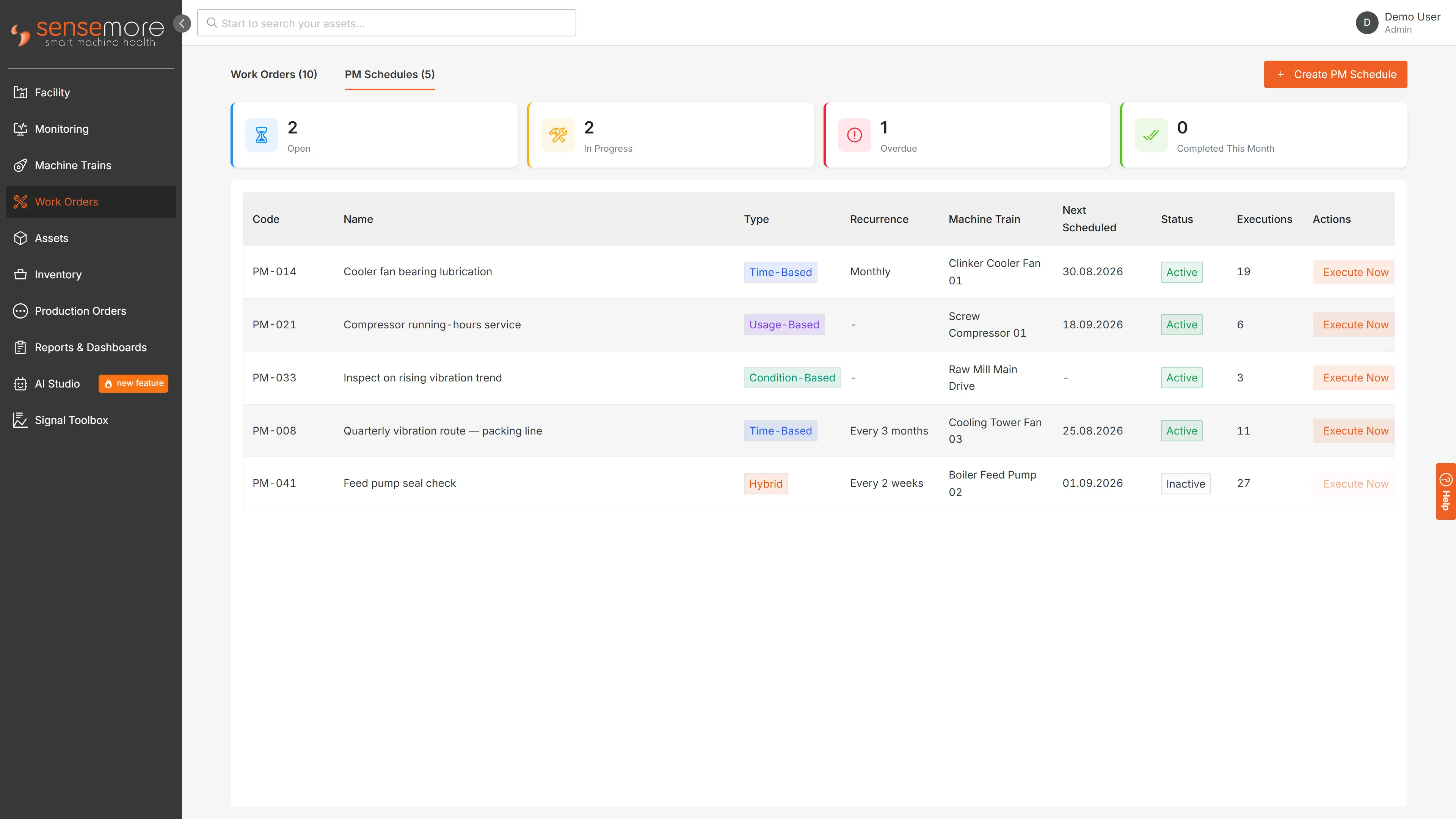 The preventive maintenance schedule list, showing time-based, usage-based, condition-based and hybrid schedules with their recurrence and next date