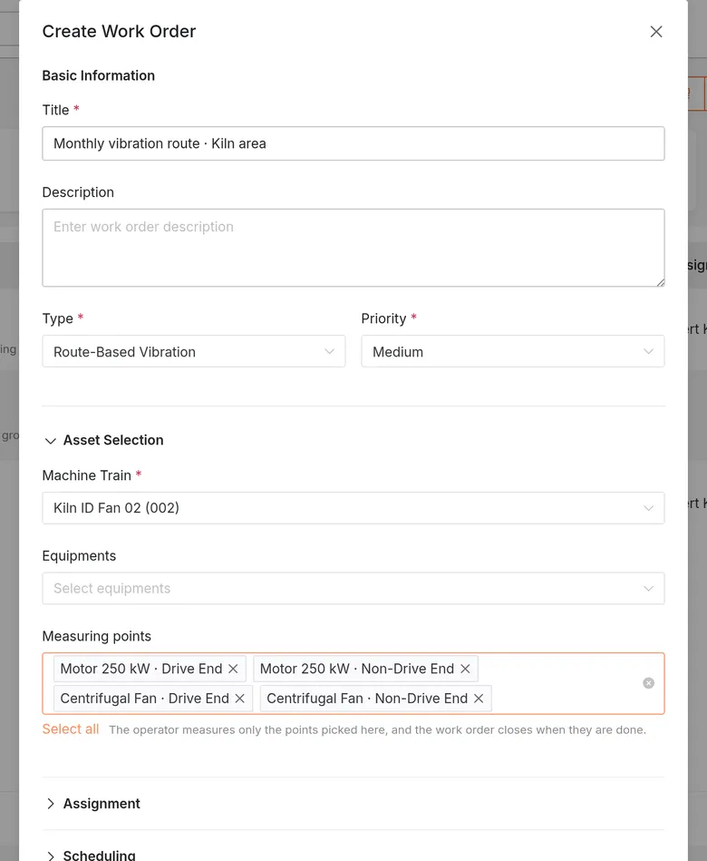 The create work order form in LAKE, with type route-based vibration and the measuring points picker listing the drive end and non-drive end of the motor and the fan