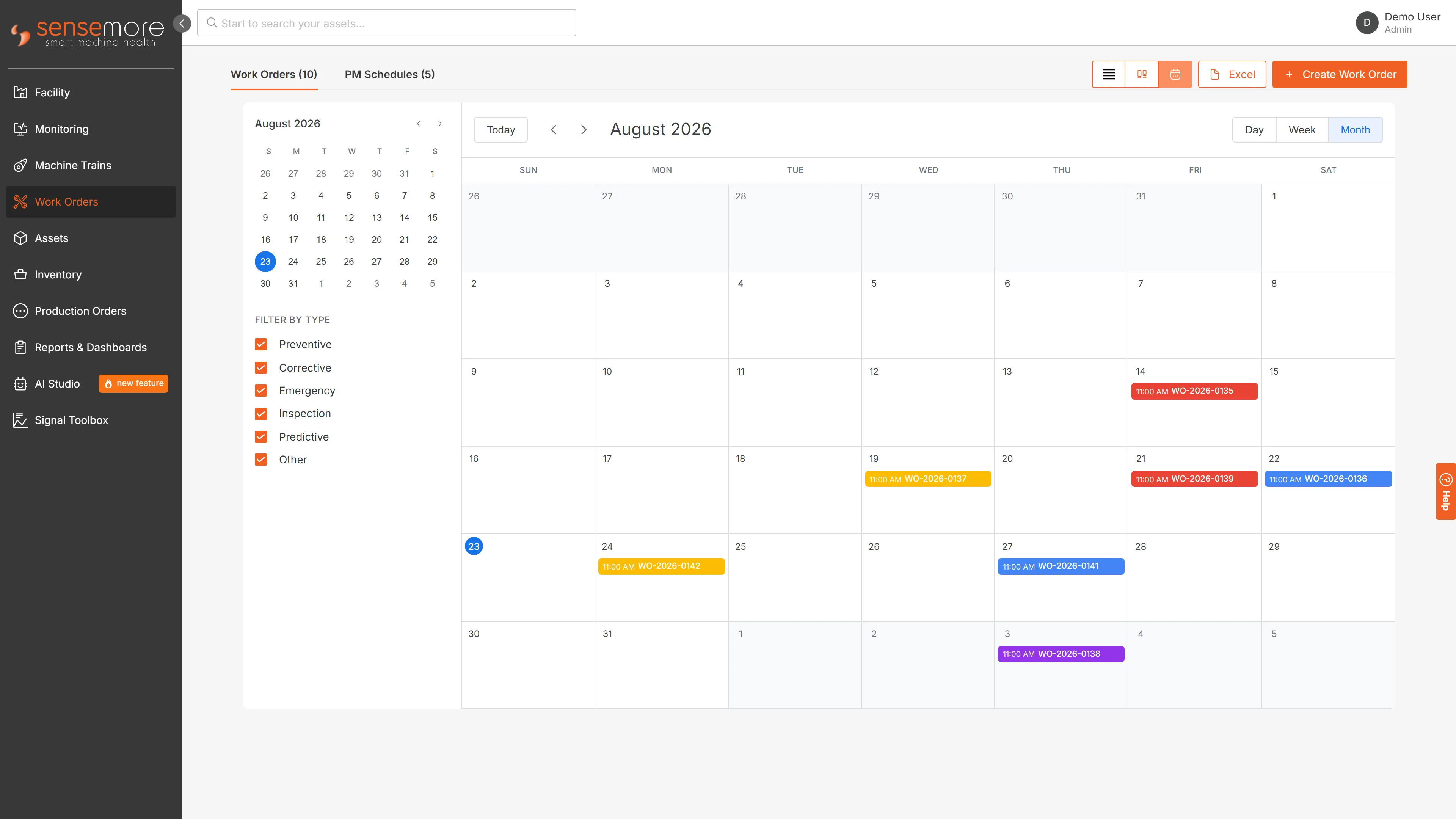 The work order calendar for a month, with each job on its scheduled day