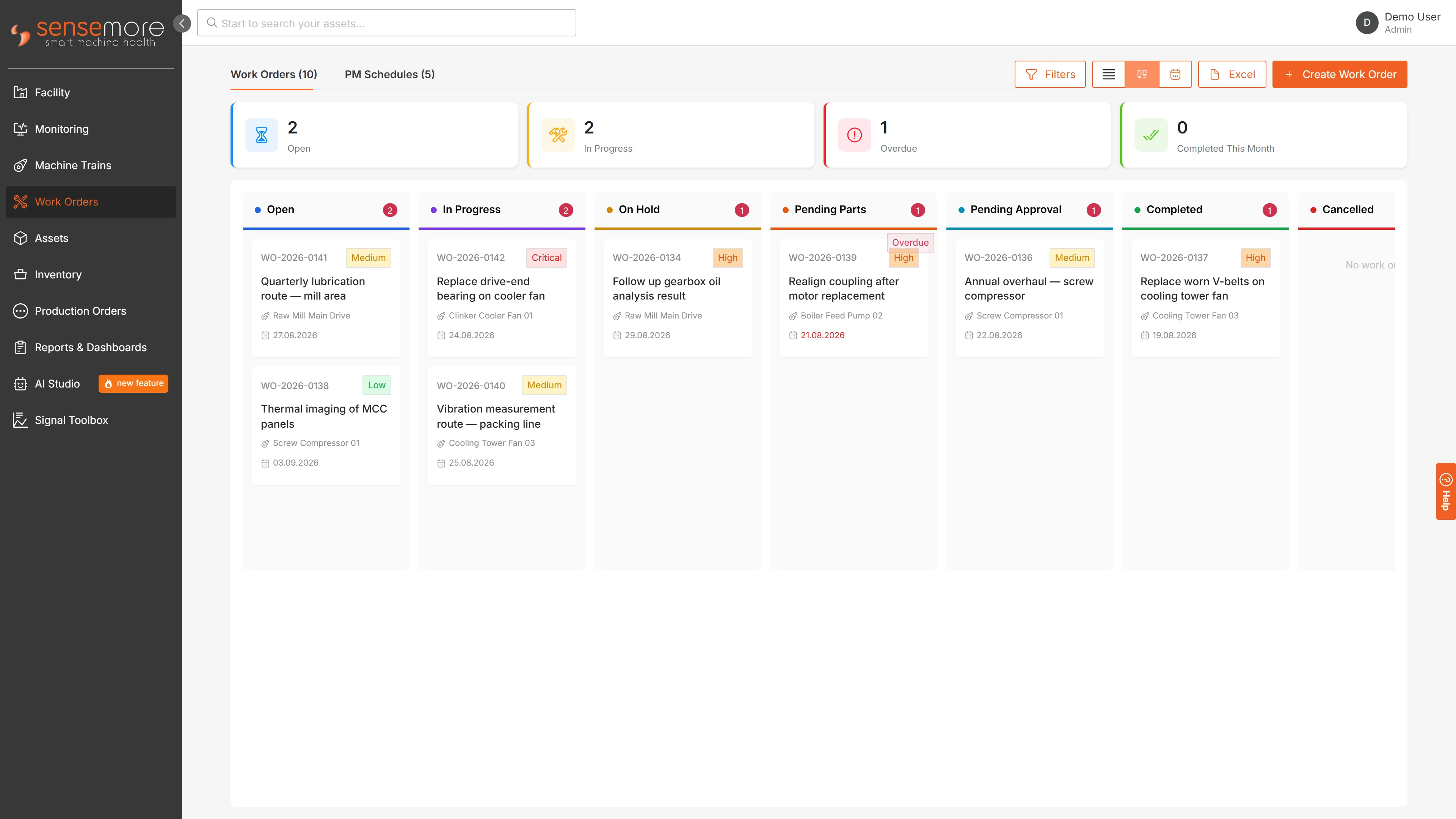 The work order Kanban board, with columns for open, in progress, on hold, pending parts, pending approval and completed