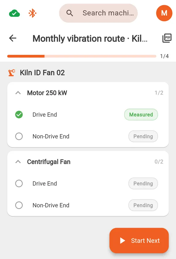 The route screen in Sensemore On Field, listing the motor and fan points with one measured and the rest pending, and a Start Next button