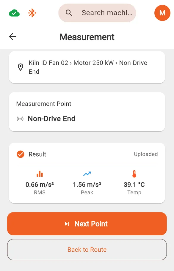 The result of a reading in On Field: RMS, peak and temperature for the motor's non-drive end, marked uploaded, with a Next Point button